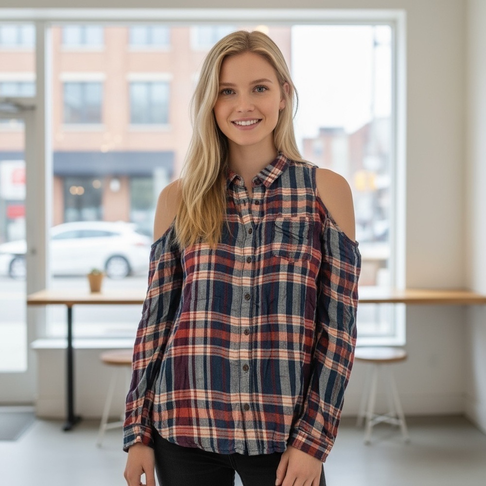 SILENCE & NOISE Size L Rust Green Teal Plaid Flannel Cold Shoulder Shirt Rc$59
